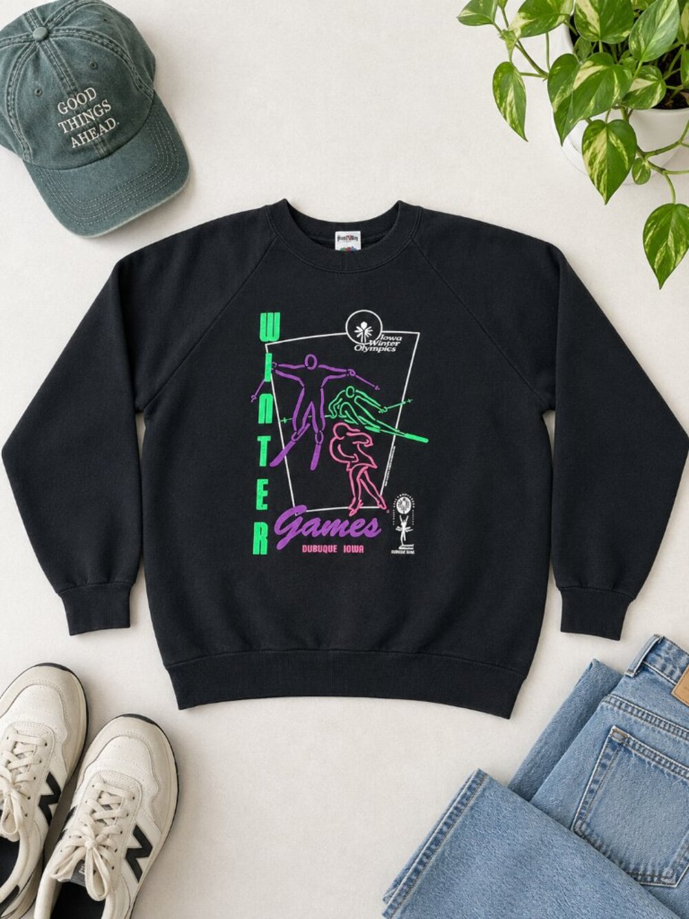 Vintage 90s Iowa Winter Games Sweatshirt L Black Neon Graphic USA Fruit of the L